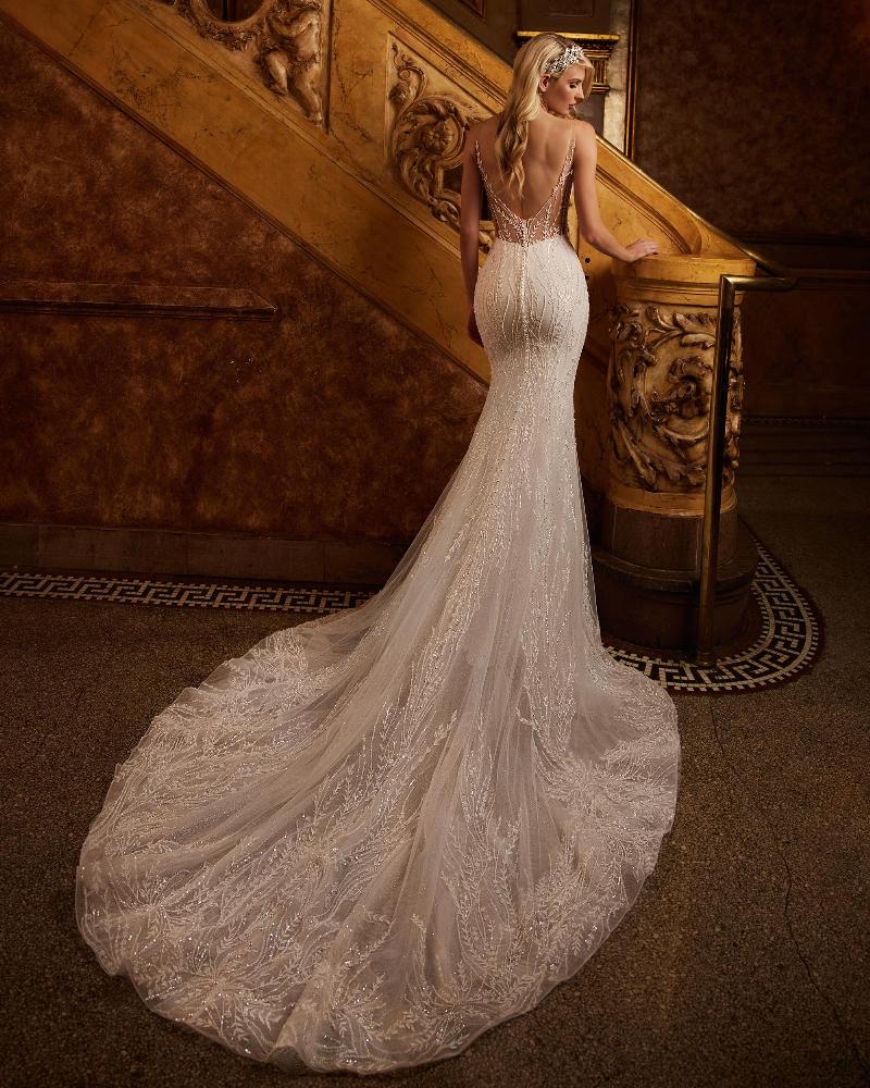 122119 fitted beaded wedding dress with long train and tank straps2